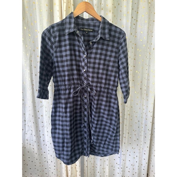Paris Blues Denim Women's Gingham Button Down Drawstring Waist Shirt Dress M - Picture 2 of 7